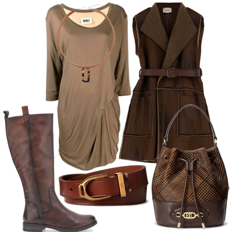 Outfit donna - Total look #1747428. Stile Vintage retrò per Ufficio. Abbinamento con vestiti corti, blazer, braccialetti, borse a secchiello, ciondoli, stivali sopra il ginocchio.