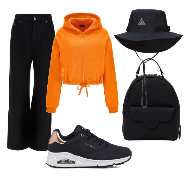 Outfit donna - Trendy orange. Stile Trendy per Tutti i giorni. Abbinamento con pantaloni, felpe con cappuccio, cappelli, sneakers, zaini.