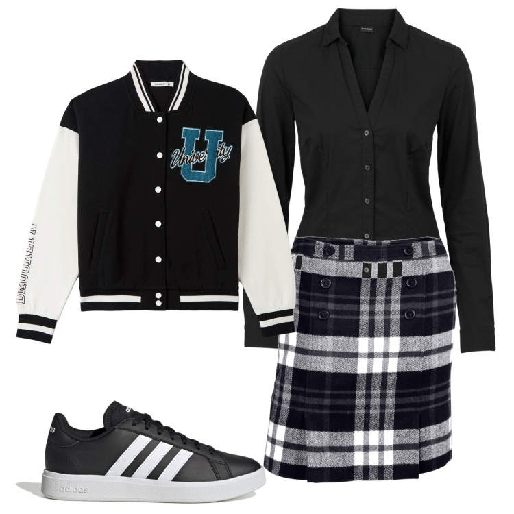 Outfit donna - stile college. Stile Trendy per Scuola/Università. Abbinamento con camicie, minigonne, bomber, sneakers.