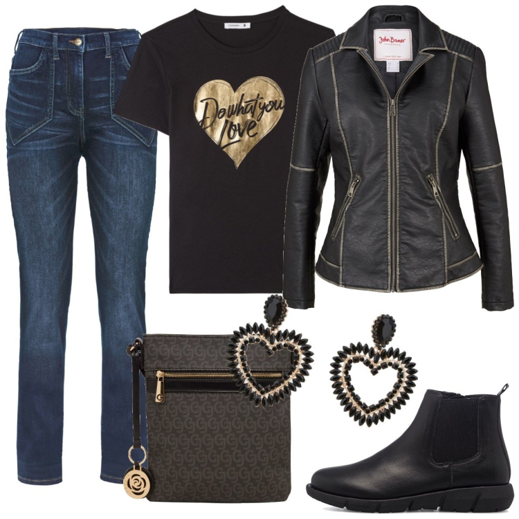 Outfit donna - Soft rock. Stile Rock per Serata fuori. Abbinamento con jeans dritti, blazer, t-shirt, orecchini, stivaletti, borse a tracolla.