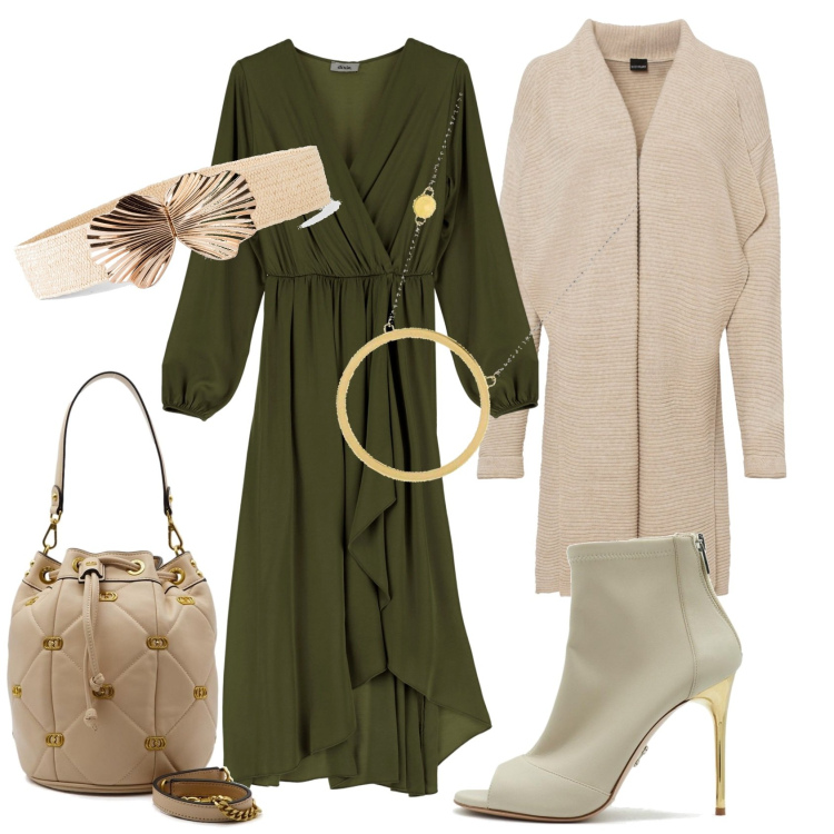 Outfit donna - Cerchio oro. Stile Casual chic per Ufficio. Abbinamento con cinture, cardigans, vestiti asimmetrici, collane, stivaletti, borse a spalla.