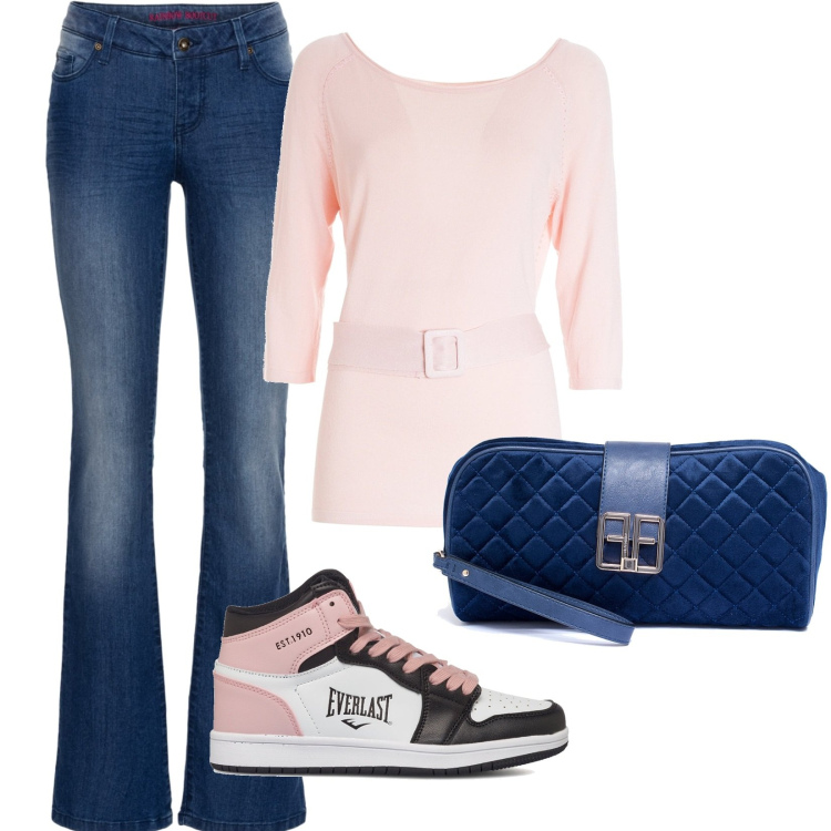 Outfit donna - casual e comoda. Stile Casual per Tutti i giorni. Abbinamento con jeans bootcut, pochette, maglieria, sneakers alte.