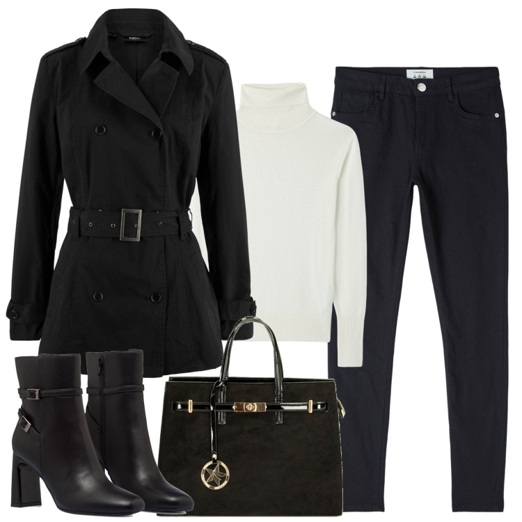 Outfit donna - In ufficio. Stile Casual chic per Ufficio. Abbinamento con trench, pantaloni, maglieria, borse a mano, stivaletti.