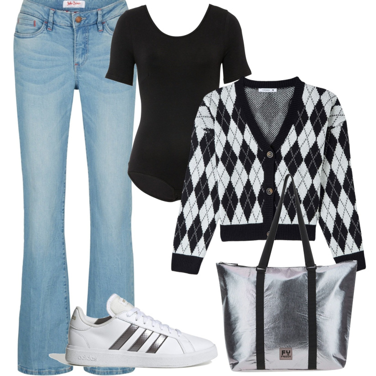 Outfit donna - un giro in centro. Stile Casual per Tutti i giorni. Abbinamento con jeans bootcut, body, cardigans, borse tote, sneakers alte.