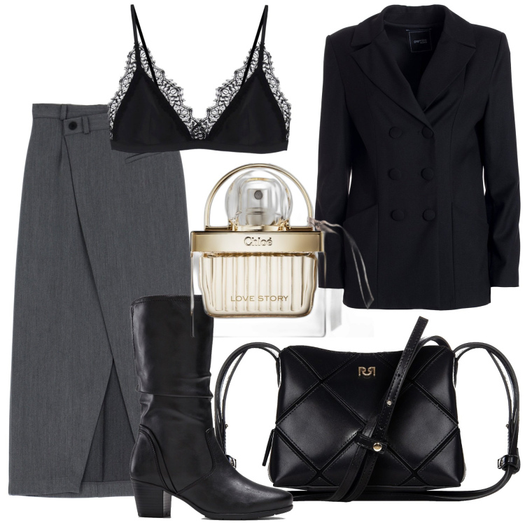 Outfit donna - Mix&Match. Stile Glamour per Serata fuori. Abbinamento con stivali, profumi, borse a spalla, blazer, top, gonne lunghe.
