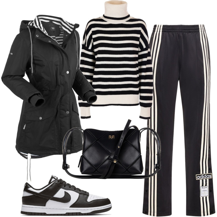 Outfit donna - sportiva tutti i giorni. Stile Sporty chic per Tutti i giorni. Abbinamento con blazer, borse a spalla, maglieria, sneakers, pantaloni.