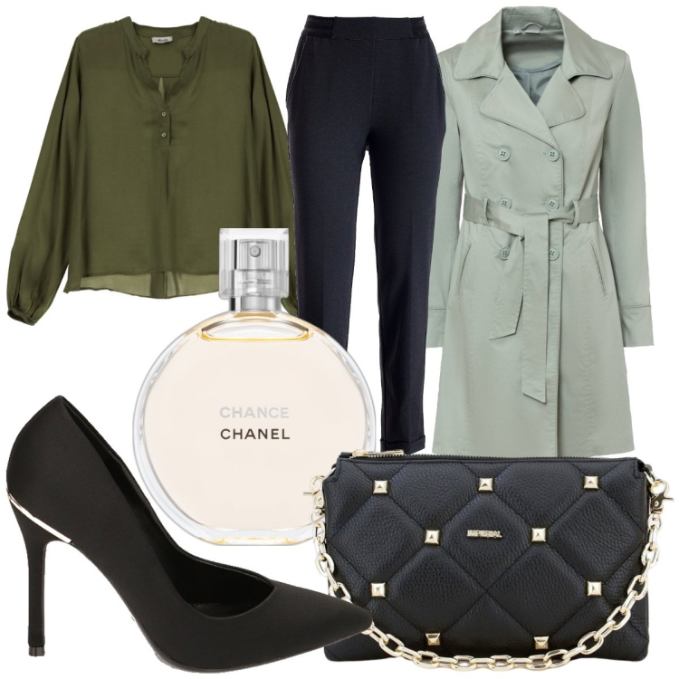 Outfit donna - Battesimo a dicembre. Stile Chic per Cerimonia. Abbinamento con trench, profumi, pantaloni chino, pochette, camicie, décolleté.