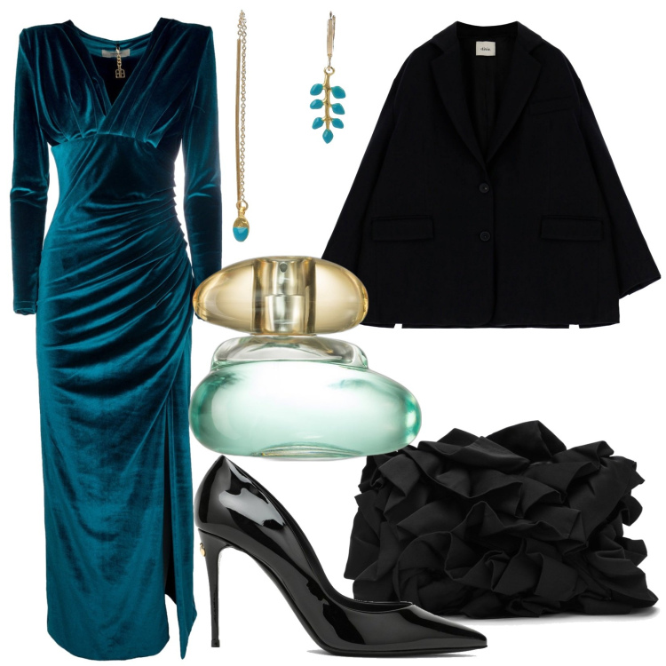 Outfit donna - L\'abito lungo, color ottanio. Stile Glamour per Cerimonia. Abbinamento con profumi, vestiti lunghi, giacche, orecchini, décolleté, clutch.