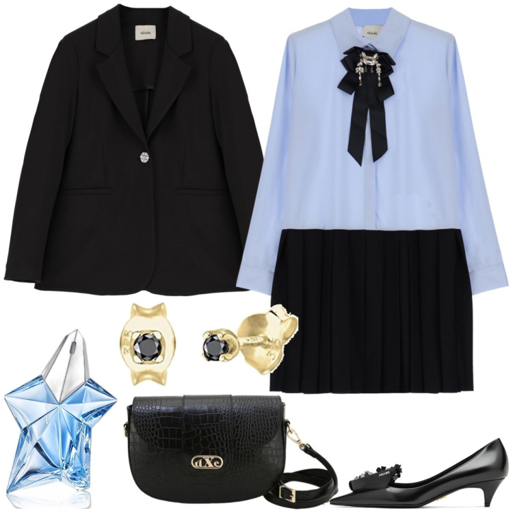 Outfit donna - Bon ton con classe. Stile Bon Ton per Tutti i giorni. Abbinamento con profumi, vestiti corti, pochette, giacche, scarpe col tacco, orecchini.