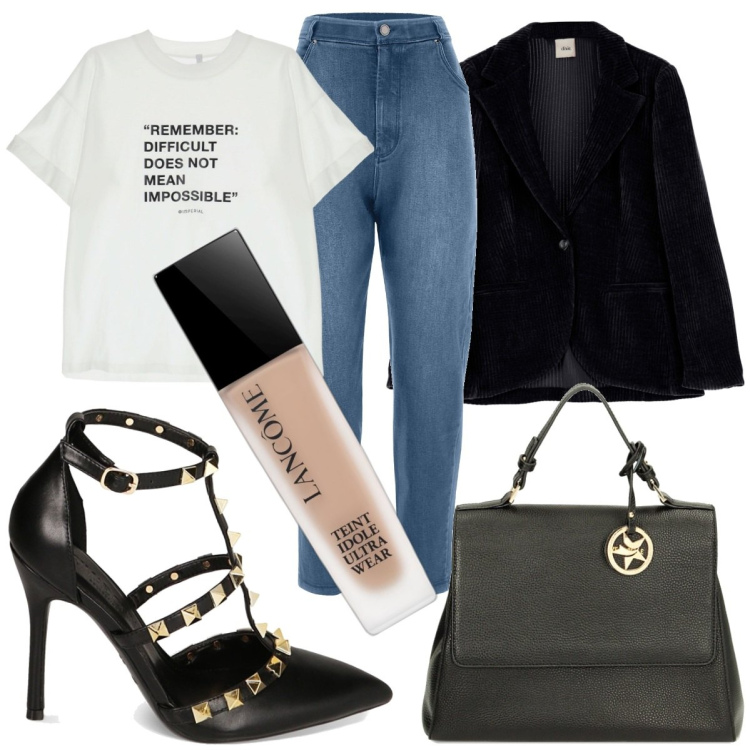 Outfit donna - Musica al pub. Stile Rock per Serata fuori. Abbinamento con fondotinta, t-shirt, borse a mano, décolleté, jeans, giacche.