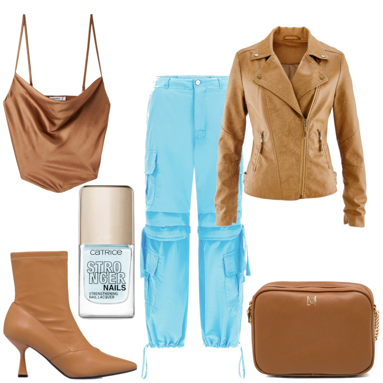 Outfit donna - Originale. Stile Trendy per Serata fuori. Abbinamento con blazer, smalti, top, pantaloni cargo, borse a tracolla, stivaletti.