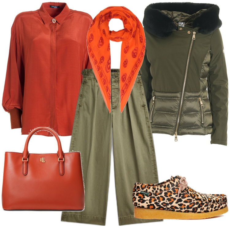Outfit donna - Inverno. Stile Casual per Tutti i giorni. Abbinamento con blazer, camicie, scarpe stringate, pantaloni, borse a mano, foulard.
