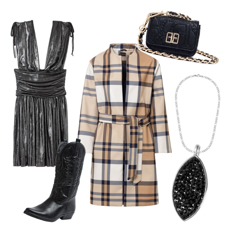 Outfit donna - Il cappotto check. Stile Trendy per Serata fuori. Abbinamento con cappotti, marsupi, ciondoli, collane, vestiti corti, stivaletti texani.