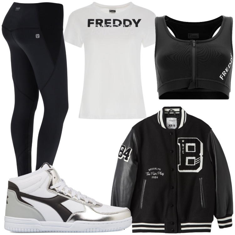 Outfit donna - Sportiva ma trendy. Stile Sporty chic per Sport. Abbinamento con bomber, leggings sportivo, t-shirt, reggiseni, sneakers alte.