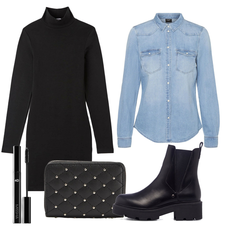 Outfit donna - L\'abito con la camicia. Stile Casual per Tutti i giorni. Abbinamento con vestiti midi/longuette, portafogli, mascara, stivaletti, camicie.