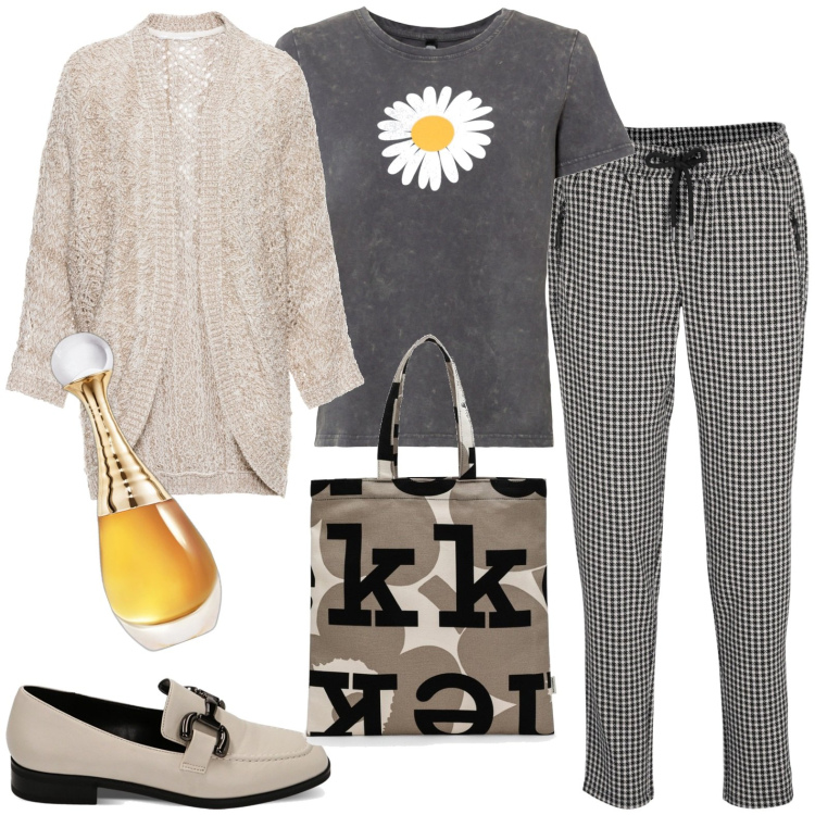 Outfit donna - Shopping. Stile Casual per Tutti i giorni. Abbinamento con t-shirt, cardigans, pantaloni, profumi, mocassini, borse tote.