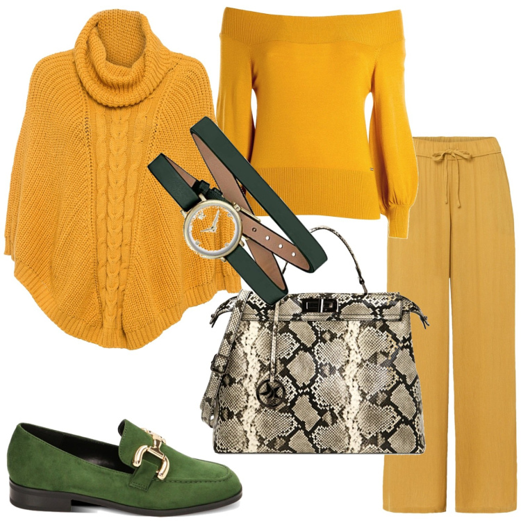 Outfit donna - Ocra. Stile Casual per Tutti i giorni. Abbinamento con pantaloni, cappotti, maglieria, borse a mano, mocassini, orologi analogici.