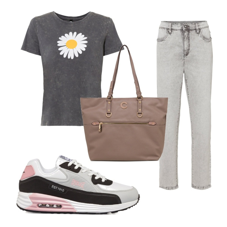 Outfit donna - Total look #1747729. Stile Basic per Tutti i giorni. Abbinamento con t-shirt, jeans mom, sneakers, borse a spalla.