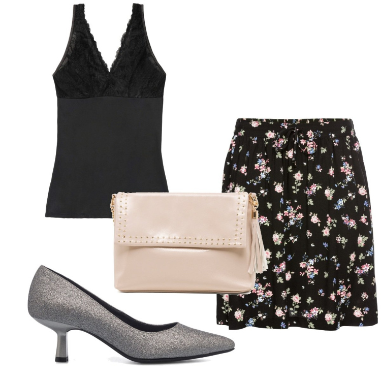 Outfit donna - Total look #1747739. Stile Trendy per Tutti i giorni. Abbinamento con top, minigonne, borse a tracolla, décolleté.