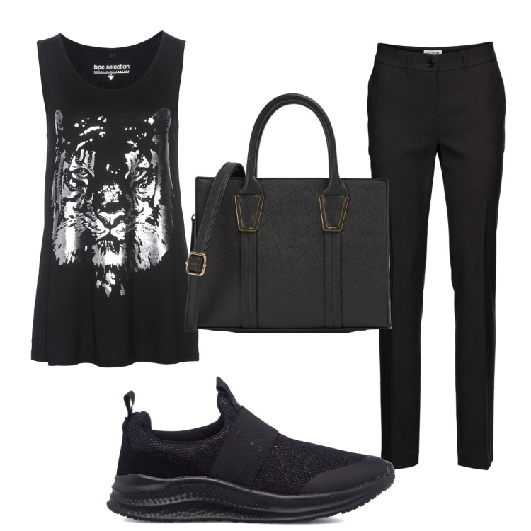 Outfit donna - Total look #1747753. Stile Trendy per Tutti i giorni. Abbinamento con pantaloni, top, shopping bag, sneakers.