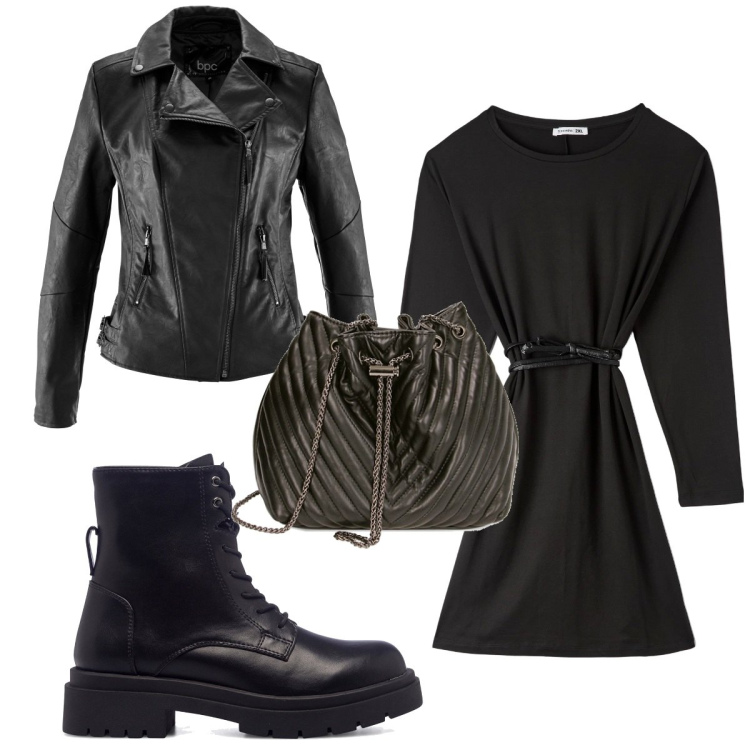 Outfit donna - Total look #1747763. Stile Rock per Tutti i giorni. Abbinamento con blazer, vestiti midi/longuette, borse a secchiello, anfibi.