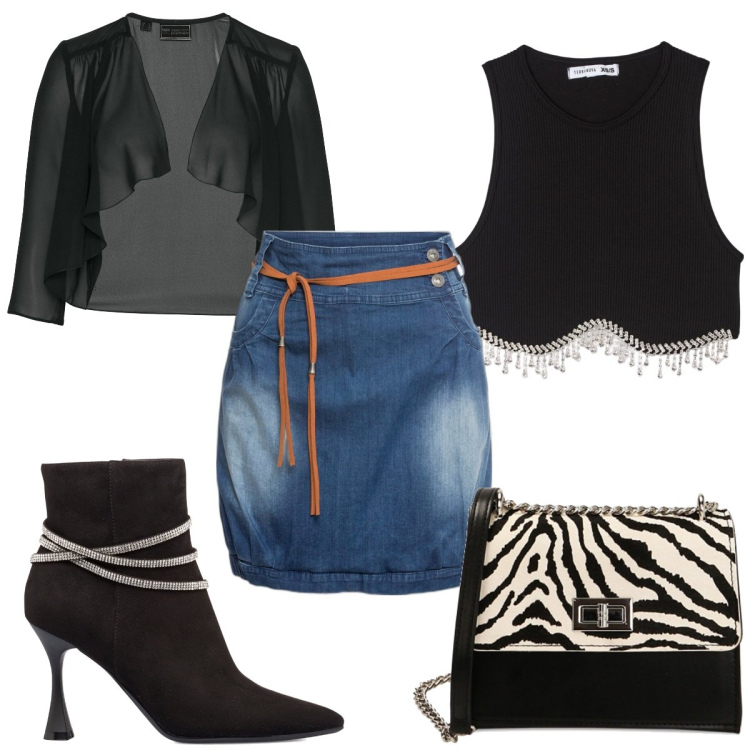 Outfit donna - Il top con le frange. Stile Trendy per Tutti i giorni. Abbinamento con minigonne, bolero, top, borse a tracolla, stivaletti.