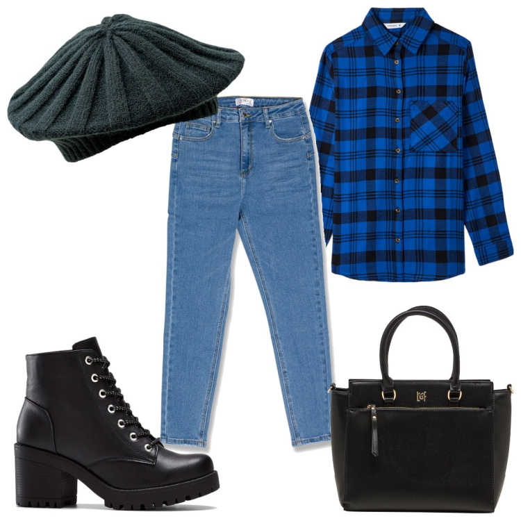 Outfit donna - Total look #1747783. Stile Trendy per Tutti i giorni. Abbinamento con stivaletti, camicie, jeans skinny, borse a mano, cappelli e berretti.