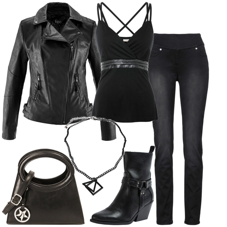 Outfit donna - Serata rock. Stile Rock per Serata fuori. Abbinamento con blazer, top, jeans, stivaletti texani, borse a spalla, collane.