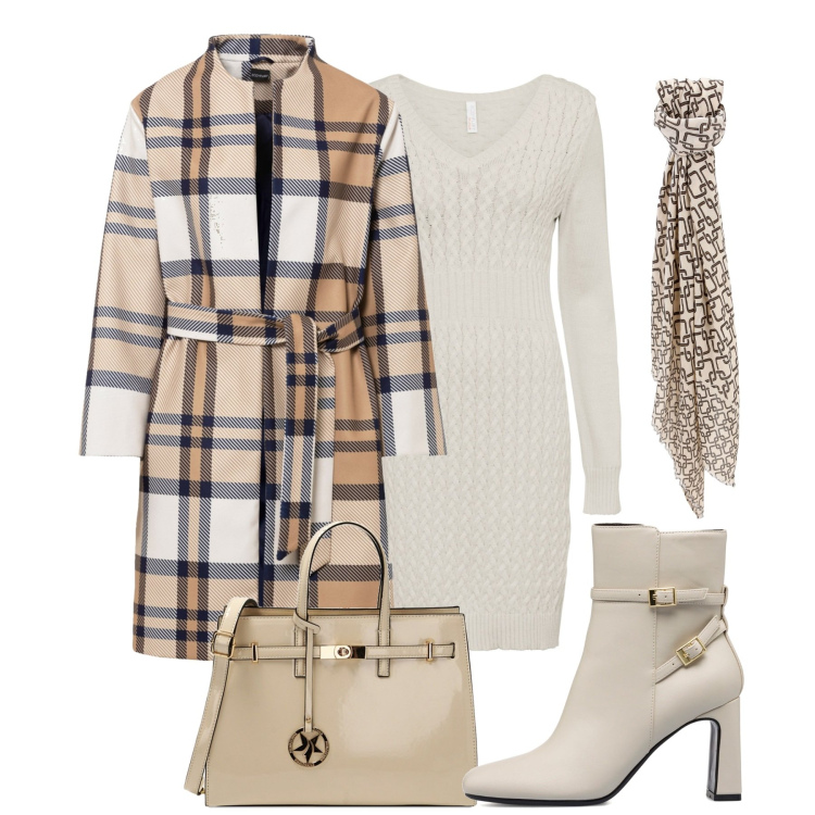 Outfit donna - Toni chiari. Stile Casual chic per Tutti i giorni. Abbinamento con vestiti, cappotti, foulard, borse a mano, stivaletti.