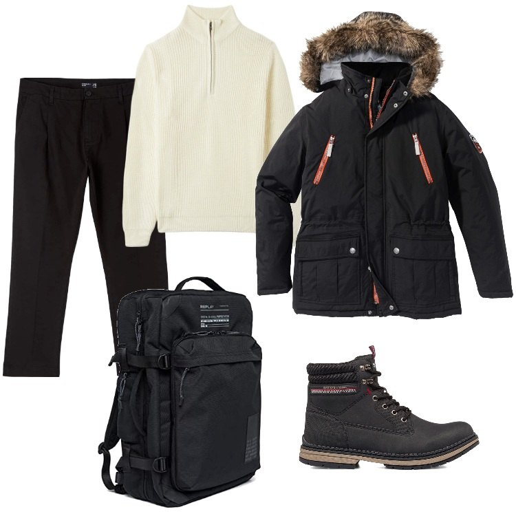 Outfit uomo - Total look #1747855. Stile Urban per Ufficio. Abbinamento con parka, maglieria, pantaloni chino, stivali e stivaletti, borse sportive.