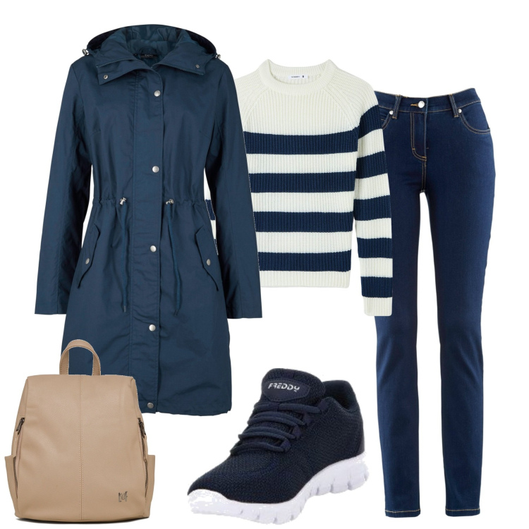 Outfit donna - Mattinata per commissioni. Stile Casual per Tutti i giorni. Abbinamento con jeans dritti, parka, maglieria, sneakers, zaini.
