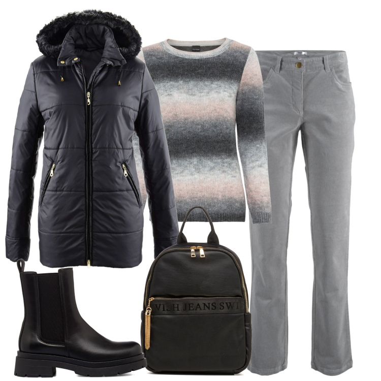 Outfit donna - In città. Stile Basic per Tutti i giorni. Abbinamento con pantaloni, maglieria, giacche, stivaletti, zaini.