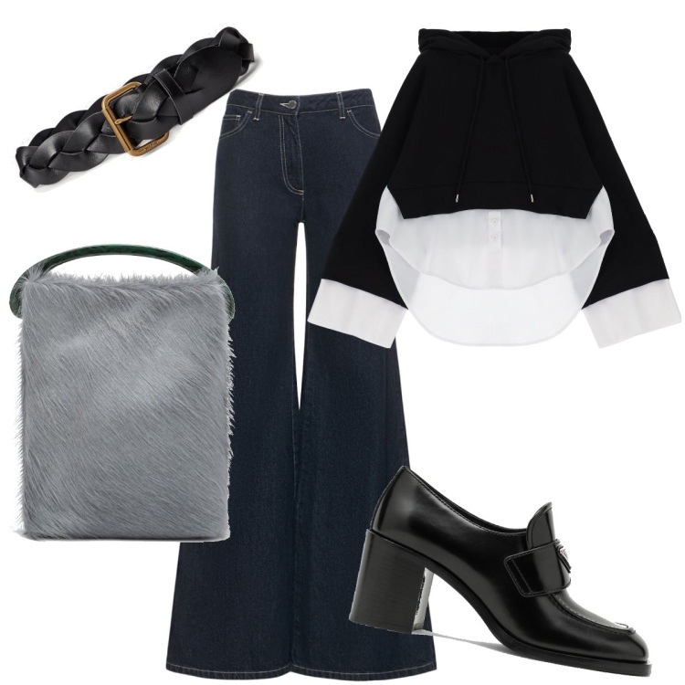 Outfit donna - La borsa peluche. Stile Trendy per Tutti i giorni. Abbinamento con felpe con cappuccio, cinture, jeans, mocassini, borse a secchiello.