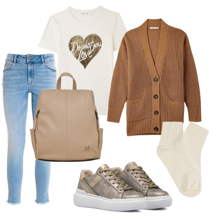 Outfit donna - Total look #1747897. Stile Casual per Tutti i giorni. Abbinamento con cardigans, t-shirt, jeans skinny, sneakers, zaini, collant.