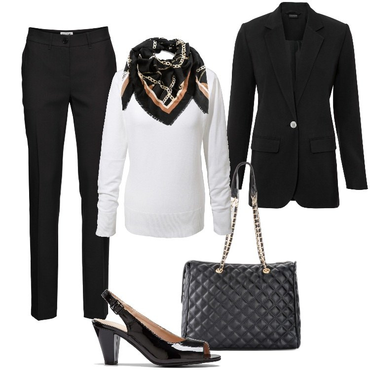 Outfit donna - Business fit - Ottobre. Stile Chic per Ufficio. Abbinamento con pantaloni, shopping bag, maglieria, blazer, foulard, décolleté.