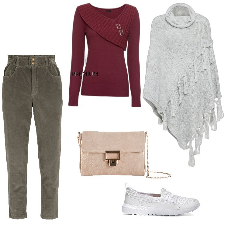 Outfit donna - Bonprix - Ottobre. Stile Sporty chic per Ufficio. Abbinamento con maglieria, sneakers, jeans, cappotti, pochette.