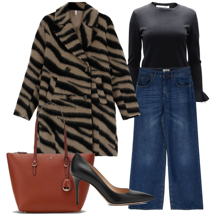Outfit donna - Il cappottone zebrato. Stile Casual chic per Tutti i giorni. Abbinamento con pullovers, cappotti, borse tote, jeans, décolleté.