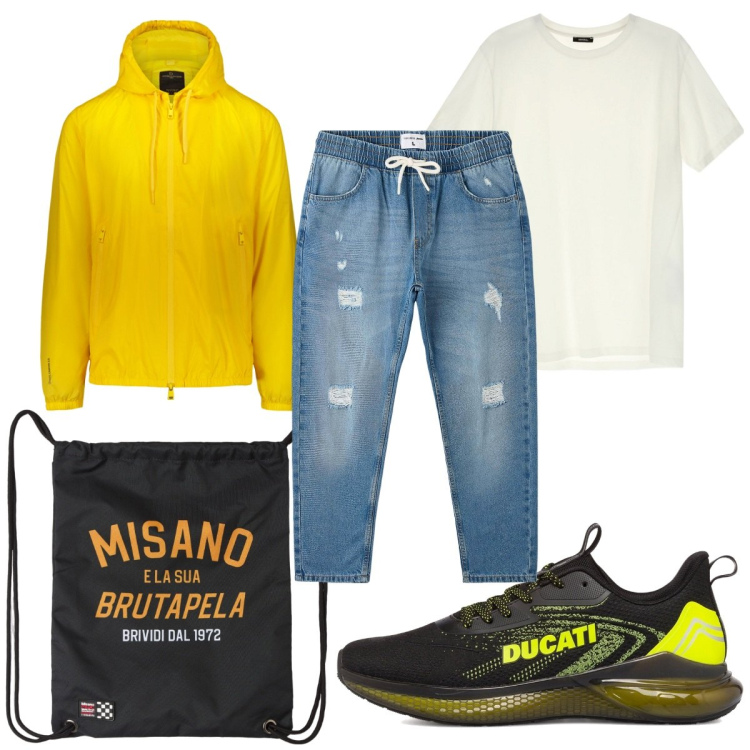 Outfit uomo - Total look #1747911. Stile Casual per Tutti i giorni. Abbinamento con borse sportive, jeans strappati, t-shirt, sneakers, giacche.
