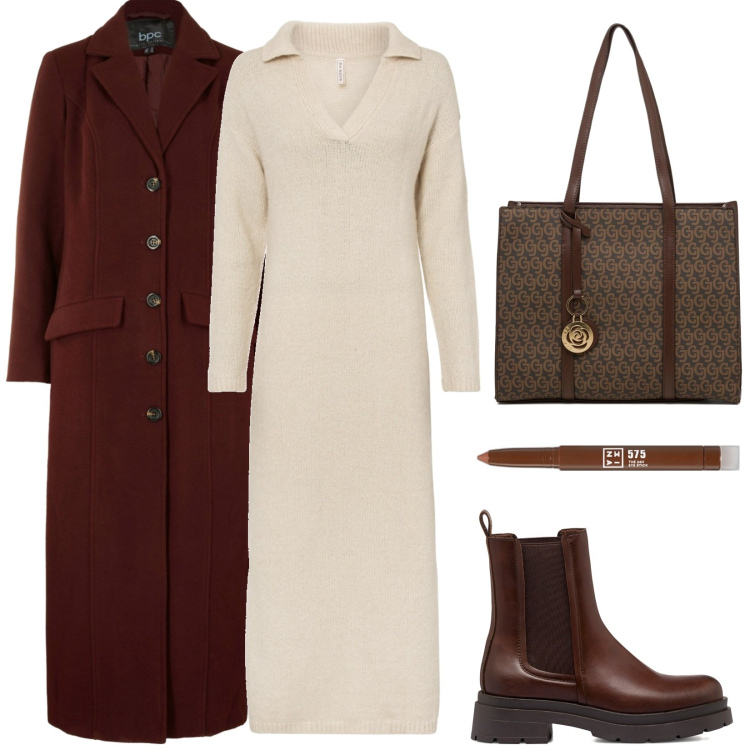 Outfit donna - Sui toni del marrone. Stile Glamour per Tutti i giorni. Abbinamento con vestiti, cappotti, ombretti, stivaletti, borse a spalla.