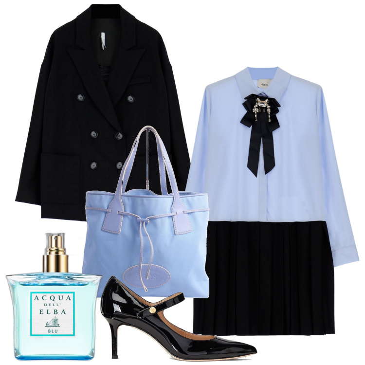 Outfit donna - Bon ton cielo. Stile Bon Ton per Ufficio. Abbinamento con borse a mano, profumi, cappotti, vestiti corti, décolleté.