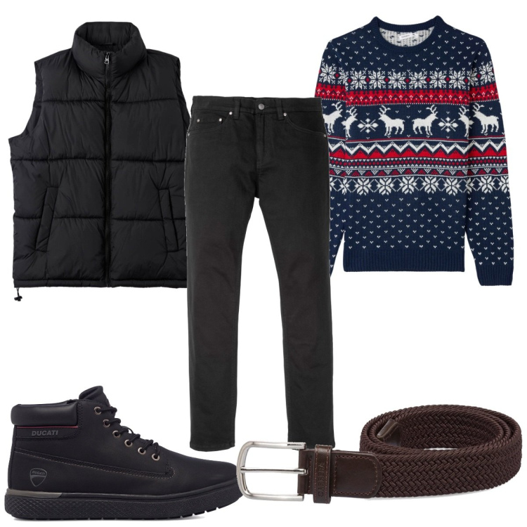 Outfit uomo - Total look #1747973. Stile Casual per Tutti i giorni. Abbinamento con jeans slim fit, piumini, maglieria, cinture, stivali e stivaletti.