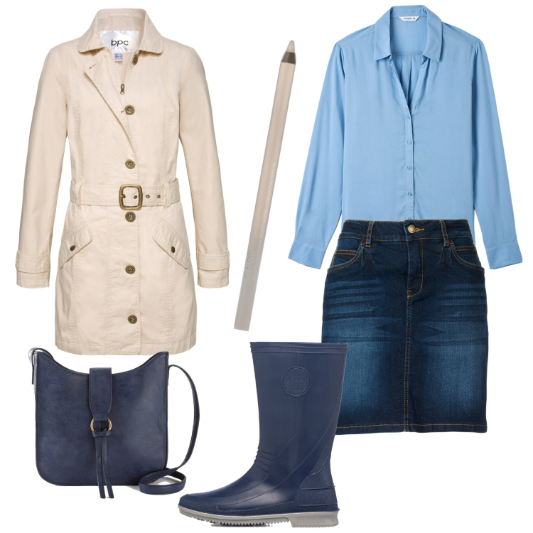 Outfit donna - Piove. Stile Urban per Tutti i giorni. Abbinamento con gonne, trench, borse a tracolla, eyeliner, camicie, stivali di gomma.