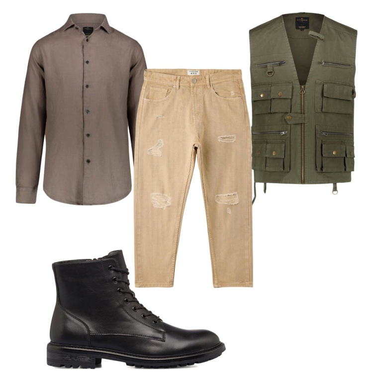 Outfit uomo - Total look #1748003. Stile Casual per Tutti i giorni. Abbinamento con anfibi, gilet, jeans, camicie.