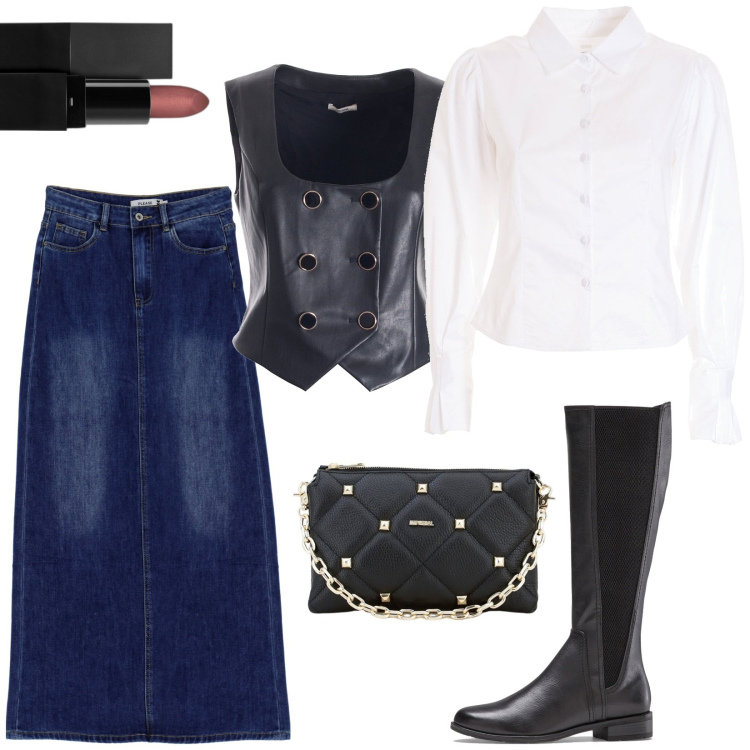 Outfit donna - Gonna lunga di jeans. Stile Chic per Tutti i giorni. Abbinamento con stivali sopra il ginocchio, rossetti, gilet, camicie, gonne lunghe, pochette.
