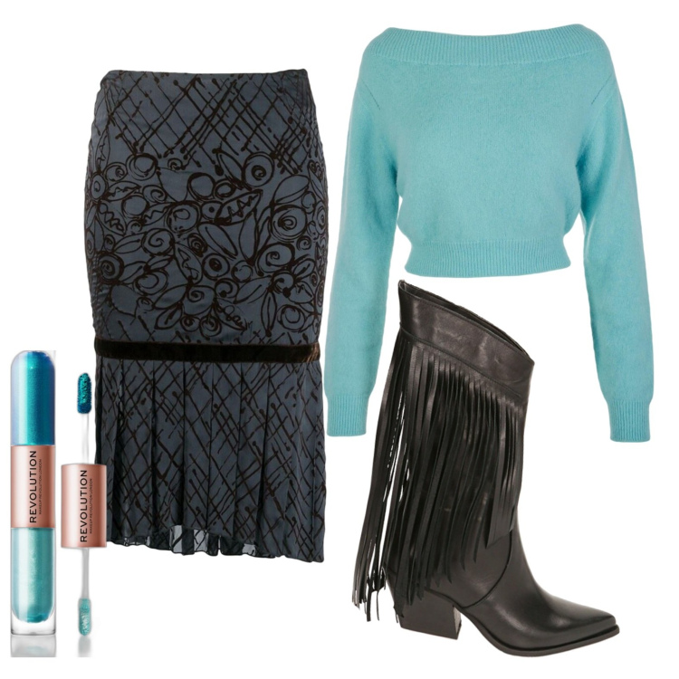 Outfit donna - Frange in primo piano!. Stile Casual chic per Serata fuori. Abbinamento con gonne longuette, ombretti, stivali, maglieria.