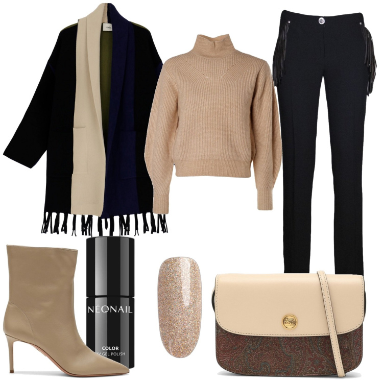 Outfit donna - Frange mania. Stile Minimal per Serata fuori. Abbinamento con pantaloni, smalti, cappotti, stivaletti, borse a tracolla, maglieria.