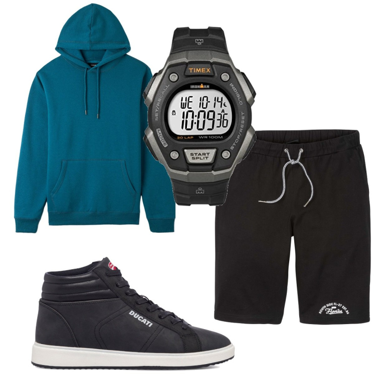 Outfit uomo - Total look #1748022. Stile Casual per Sport. Abbinamento con bermuda, felpe con cappuccio, sneakers alte, orologi digitali.