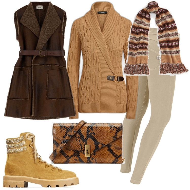 Outfit donna - Al lavoro. Stile Casual per Ufficio. Abbinamento con pantaloni skinny, blazer, maglieria, clutch, sciarpe, stivaletti.