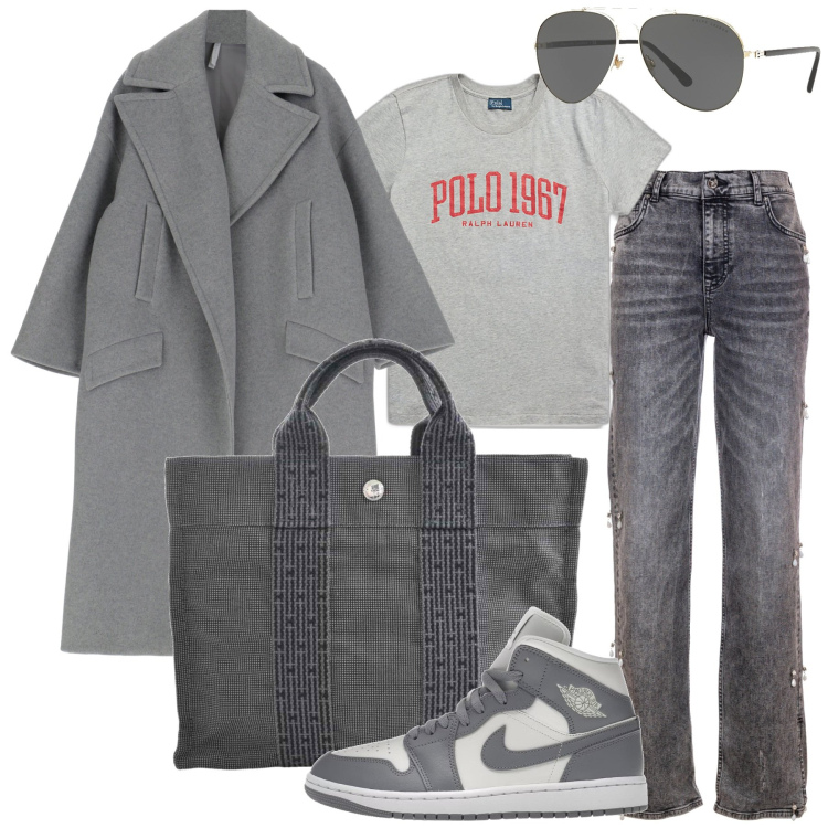 Outfit donna - Mix&Match. Stile Minimal per Tutti i giorni. Abbinamento con sneakers, borse a mano, jeans dritti, cappotti, occhiali da sole, t-shirt.