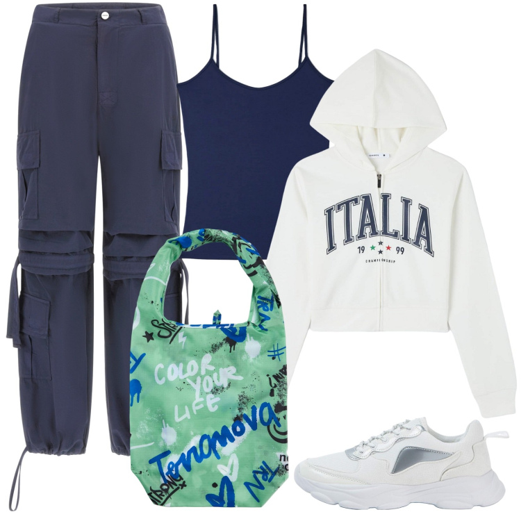 Outfit donna - Italia. Stile Sporty chic per Tutti i giorni. Abbinamento con sneakers, shopping bag, top, felpe sportive, pantaloni cargo.